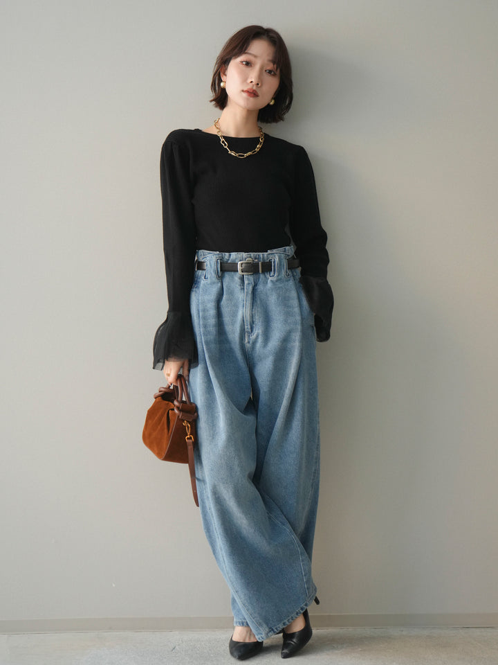 [SET]袖チュールパワショルリブニットトップス+ハイウエストベルトループデザインデニムパンツ(2set)