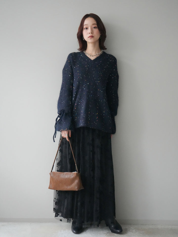 [SET]キャンディースリーブカラーネップスパンコールニットプルオーバー+フラワーフロッキーチュールプリーツスカート(2set)