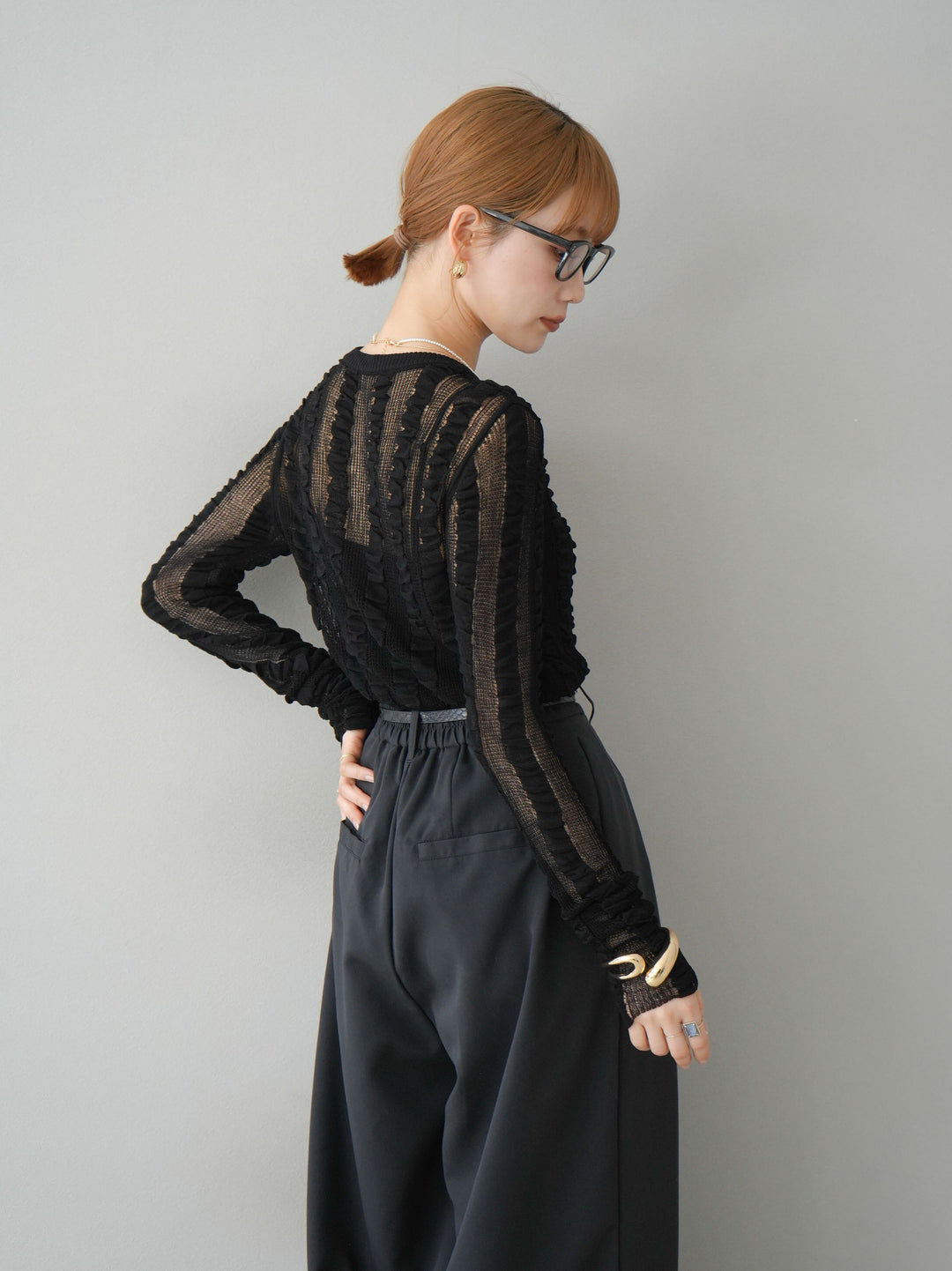 [予約]リネンタッチシャーリングニットトップス/ブラック