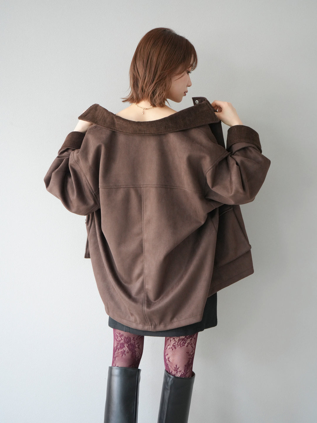 [予約]コーデュロイ襟スウェードミドルジャケット /ブラウン