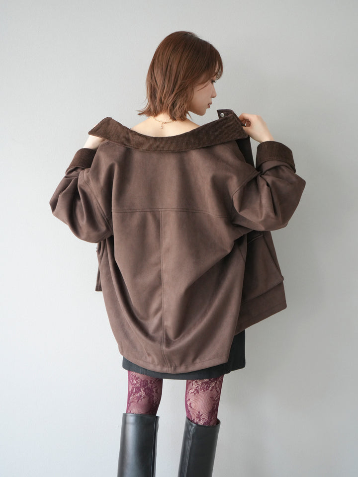 [予約]コーデュロイ襟スウェードミドルジャケット /ブラウン