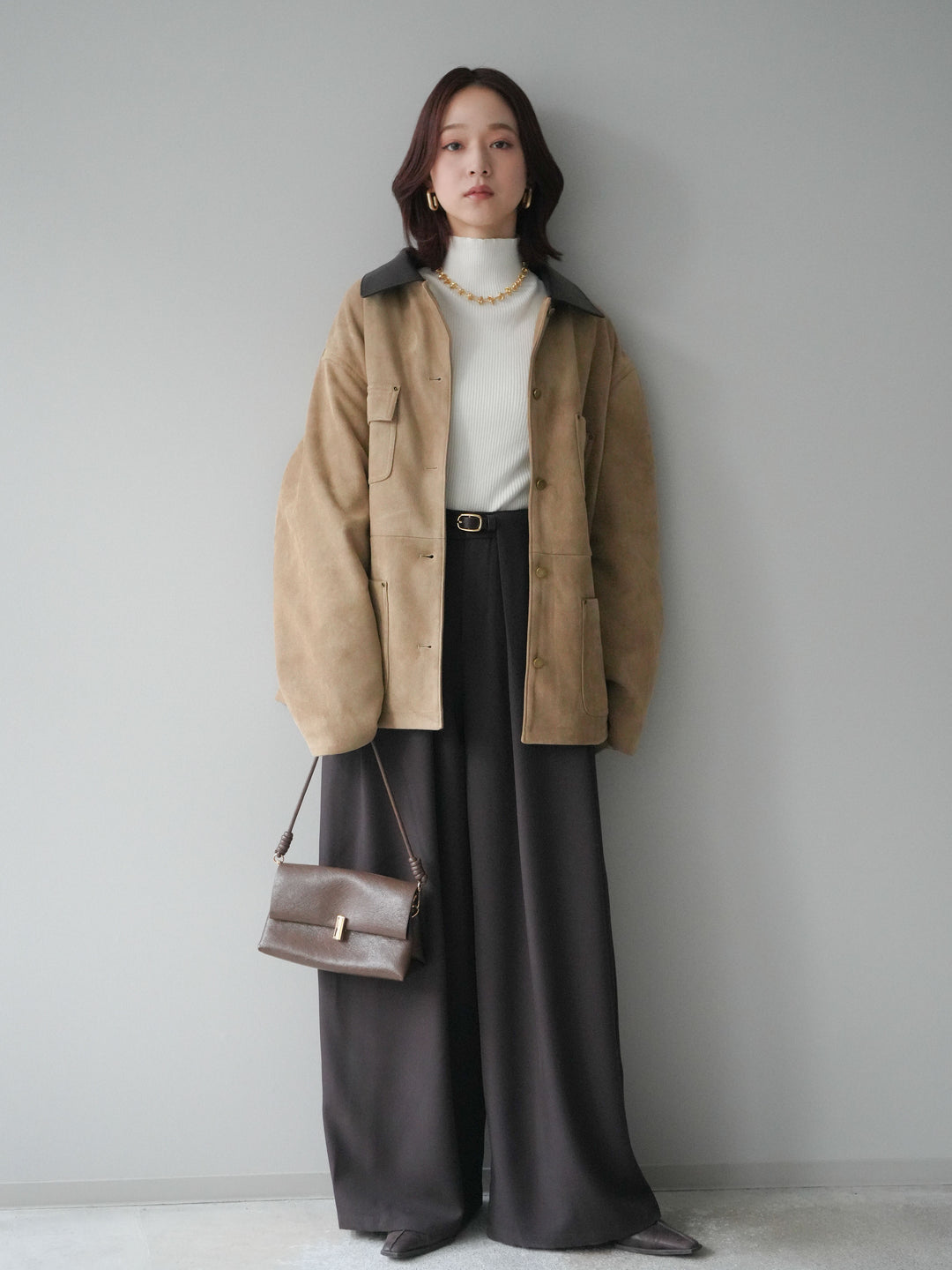 [SET]襟レザーステンカラースエードジャケット+袖ボタンボトルネックリブニットトップス+ベルトループデザインワイドパンツ(3set)