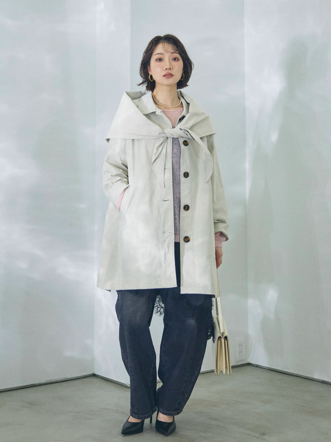 【Allure】[SET]スカーフ付ステンカラーミディアムコート+スカーフ付ステンカラーミディアムコート(2set)