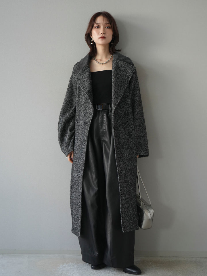 [予約]ネップヘリンボーンレザー襟チェスターコート/charcoal
