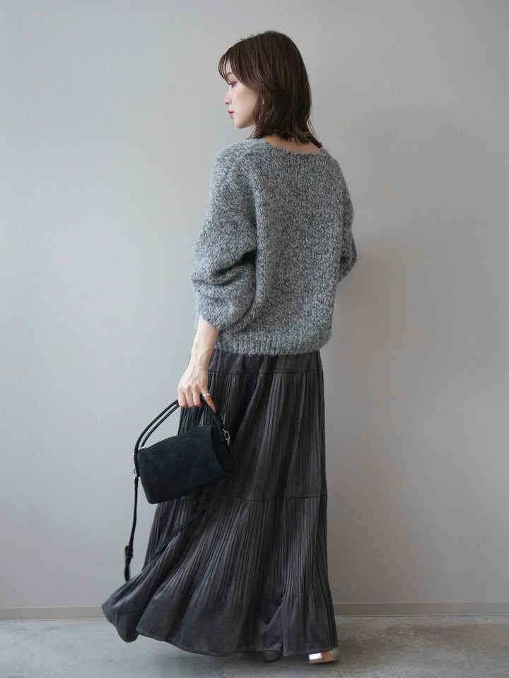 [SET]Vネックミックスヤーンニットプルオーバー+ベロアティアードワッシャースカート(2set)