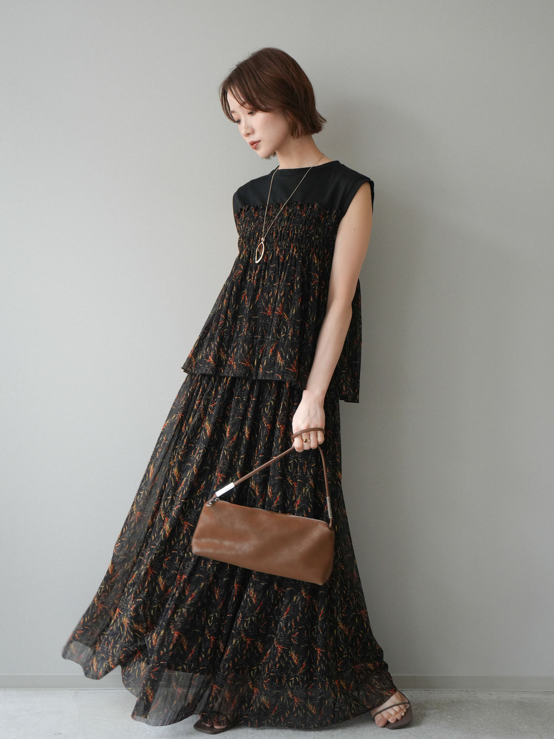 [SET]チュールプリントノースリーブトップス+チュールプリントスカート(2set)