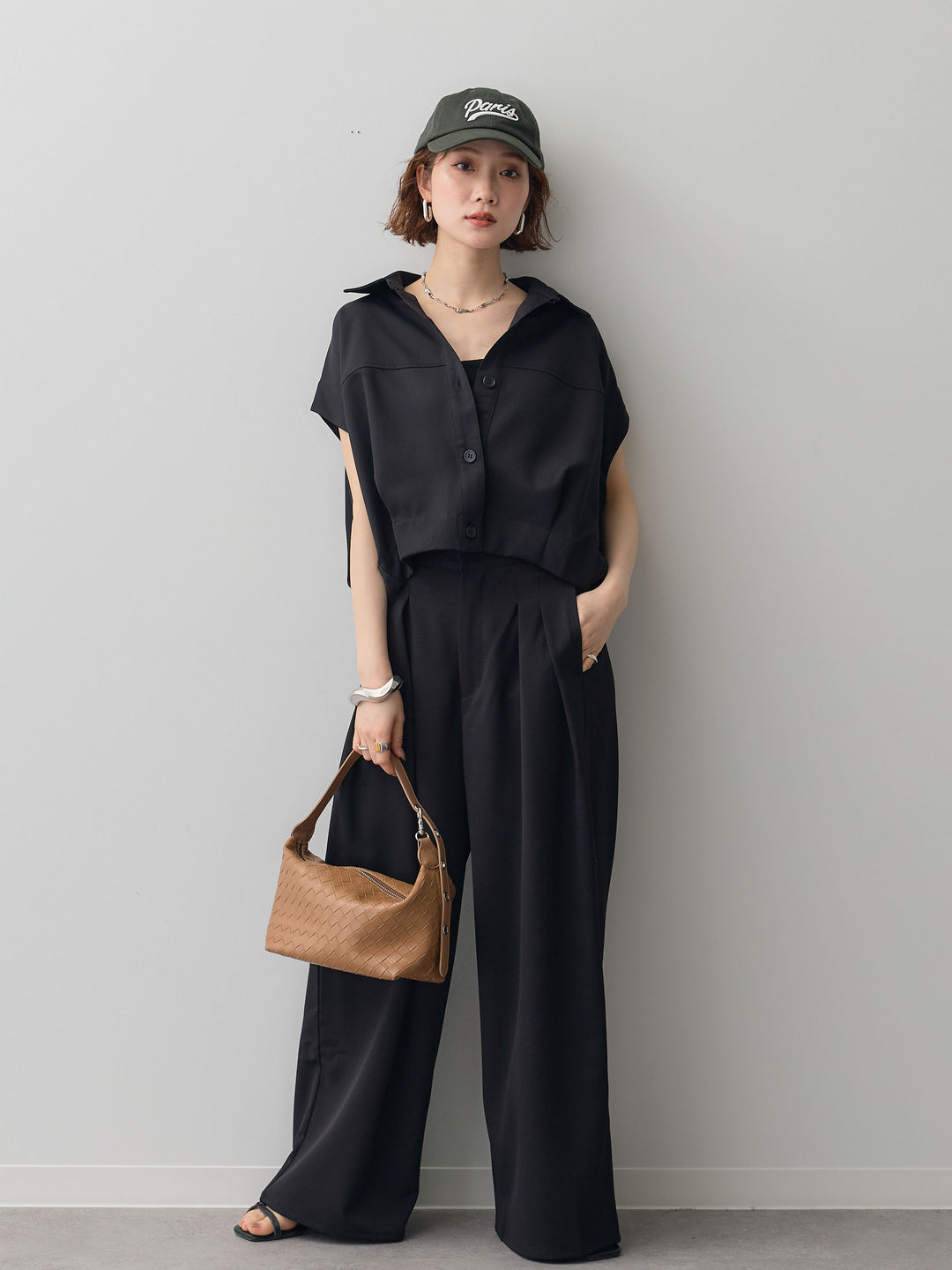 【套裝】縐綢燈籠無袖襯衫 + 縐綢闊腿褲（兩件套）