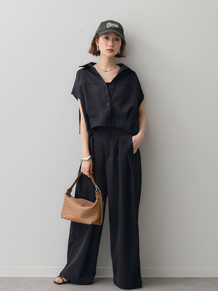 【套裝】縐綢燈籠無袖襯衫 + 縐綢闊腿褲（兩件套）