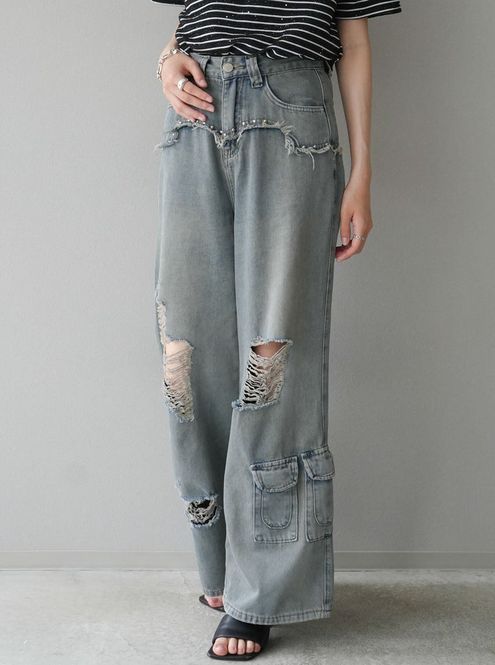 [Pre-order] Hip fringe switching studded distressed denim/blue