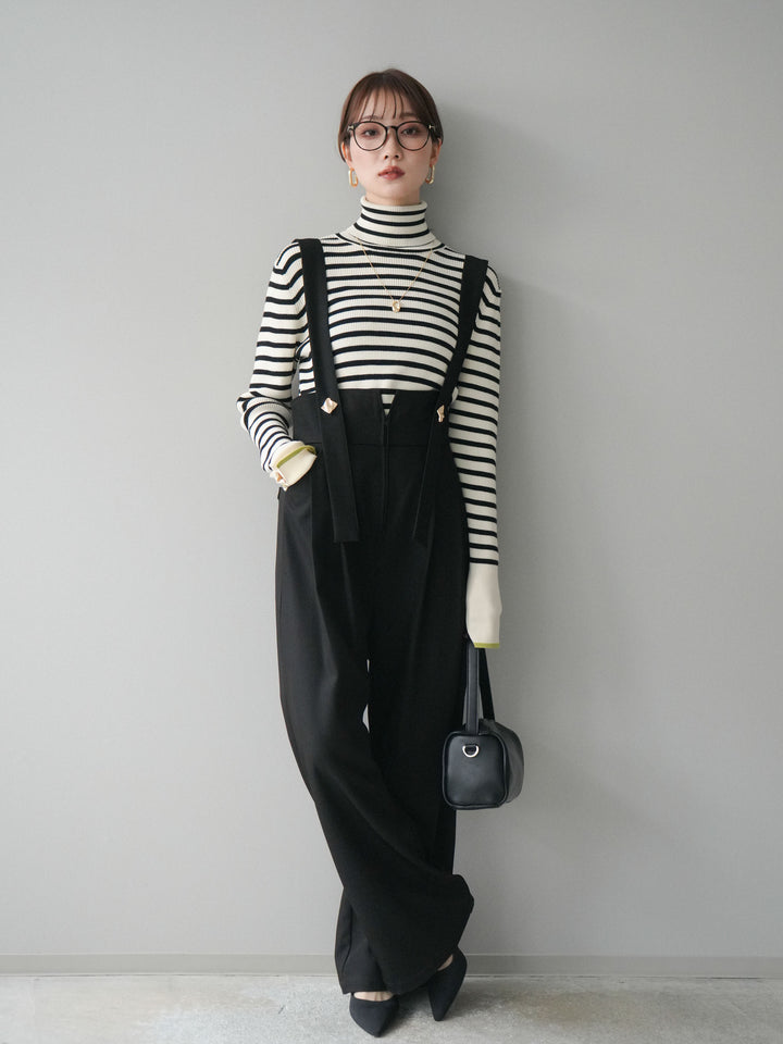 [SET]袖配色ハイネックボーダーリブニットトップス+ゴールドボタンサスペンダーワイドパンツ(2set)