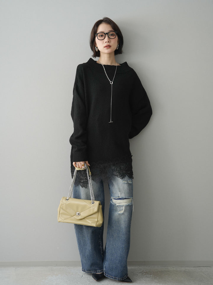[SET]アシンメトリーレースヘムニットプルオーバー+選べるアクセセット(2set)