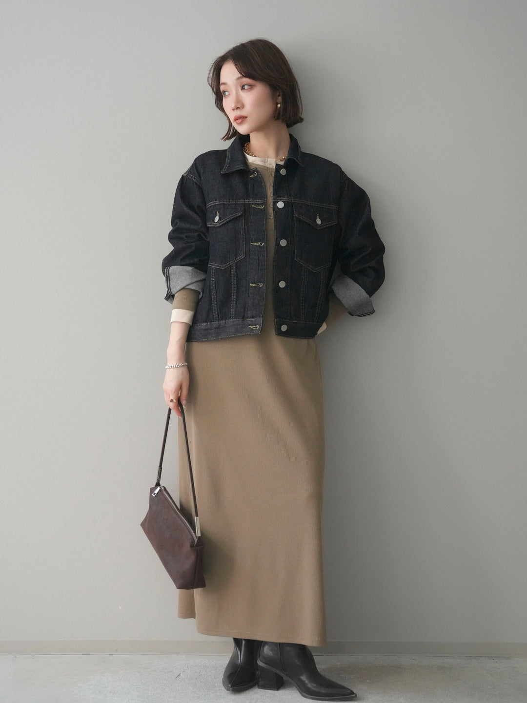 [予約]配色レイヤードヘンリーネックカットリブワンピース/mocha