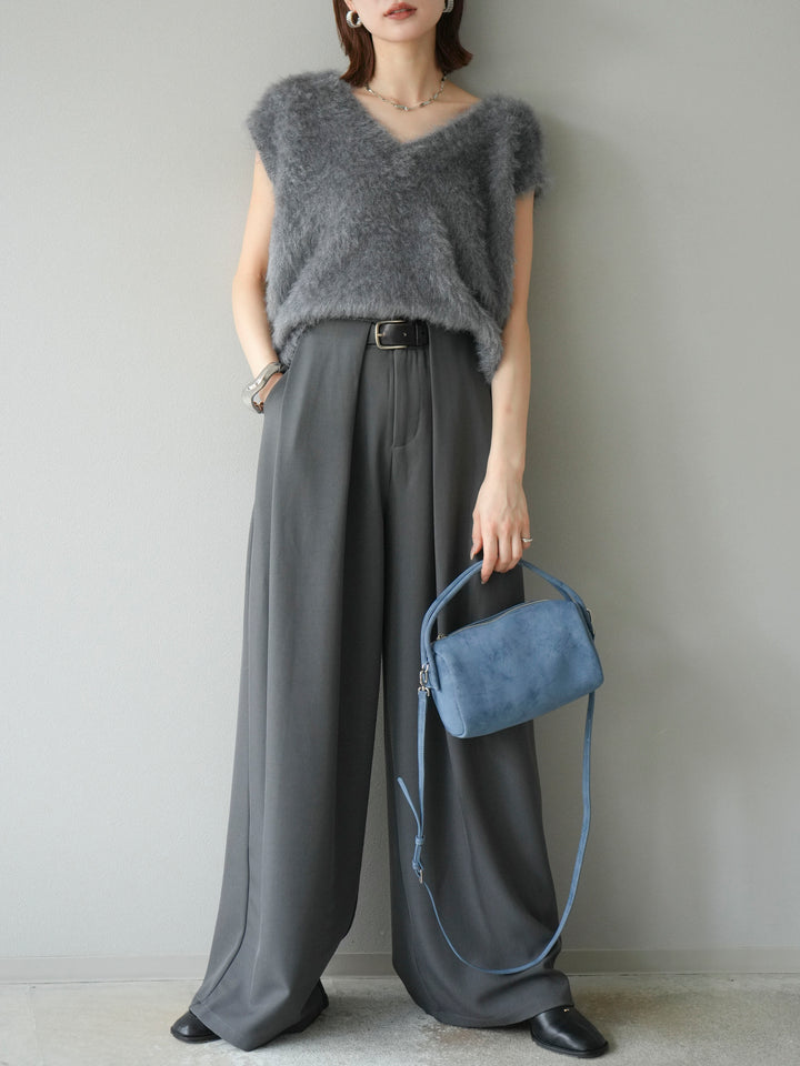 [SET]ラメシャギーVネックニットベスト+ベルトループデザインワイドパンツ(2set)
