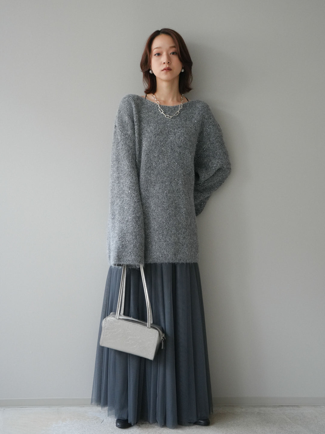 [予約]スパンコールミニシャギーニットチュニック/gray