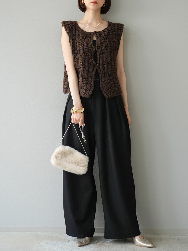 [予約]レザーパイピングタックワイドパンツ/ブラック