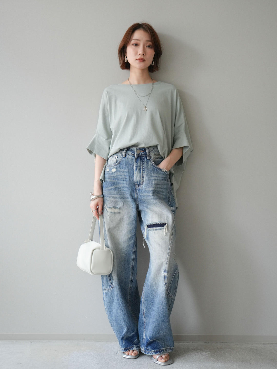 [SET]ドルマンワイドフレアトップス+ダメージカーブワイドデニムパンツ(2set)