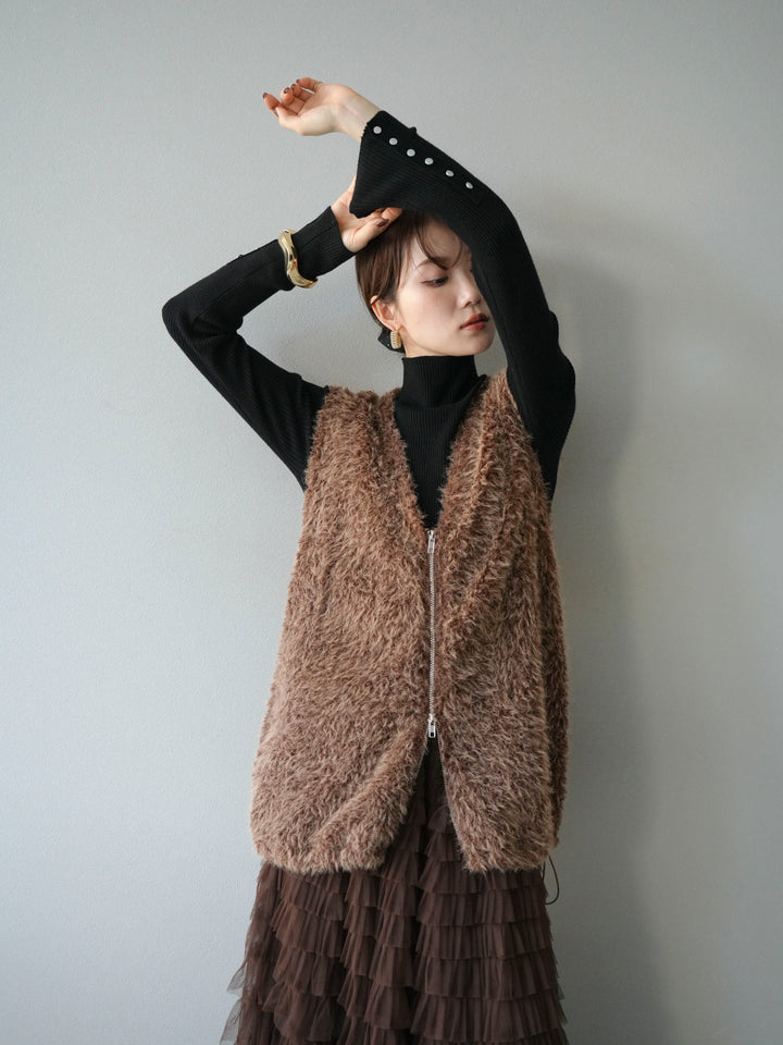 [予約]ダブルZIPループシャギーベスト/ブラウン