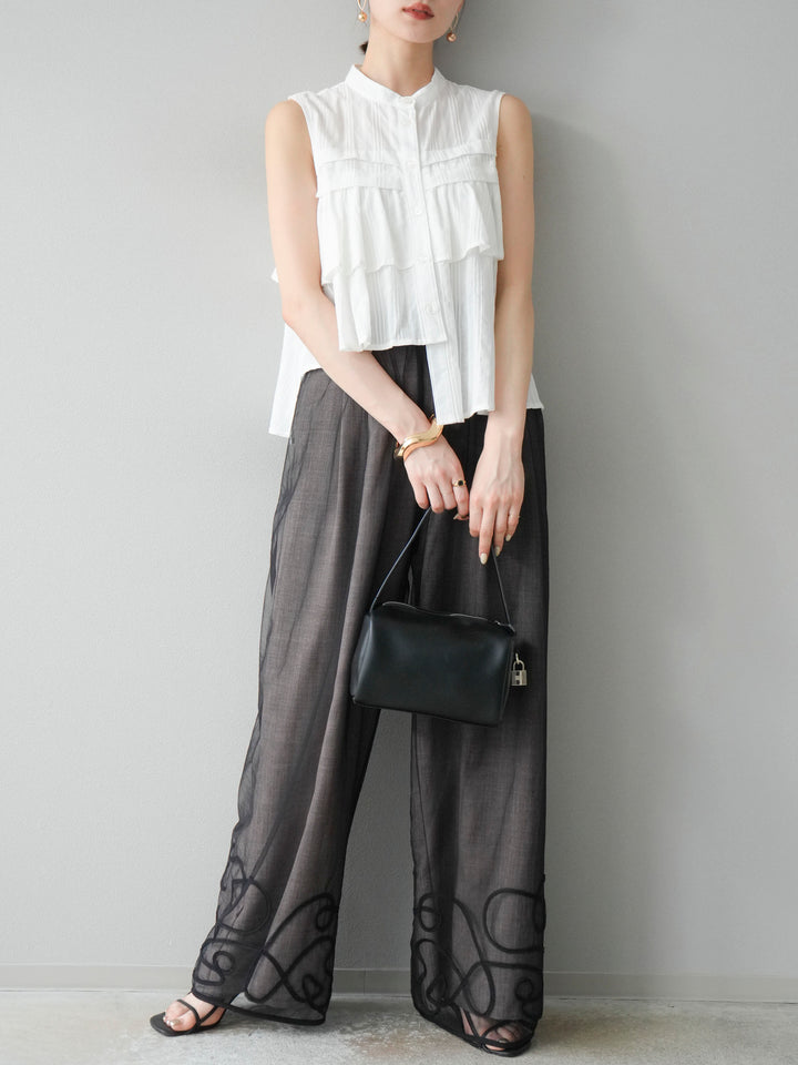 [SET]ドビーストライプアシンメトリーフリルノースリブラウス+コード刺繍チュールレイヤードパンツ+リネンライクイージーワイドパンツ(3set)