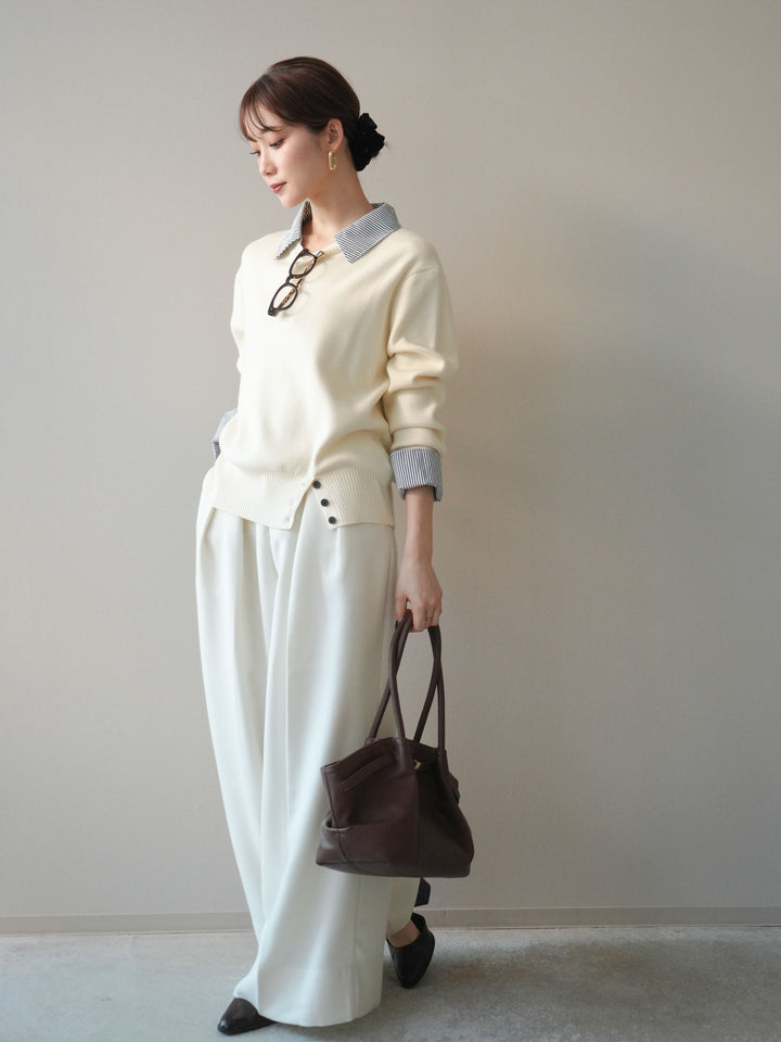 [予約]シャツドッキングデザイン裾ボタンニットプルオーバー/beige