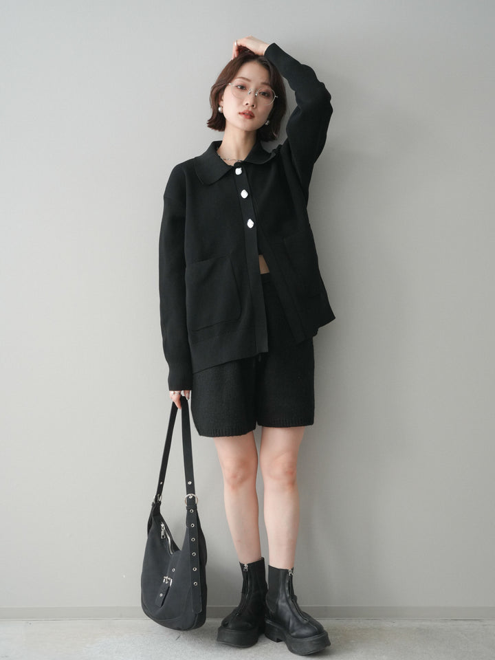[予約]メタルボタン襟付きポリエステルニットカーディガン/black