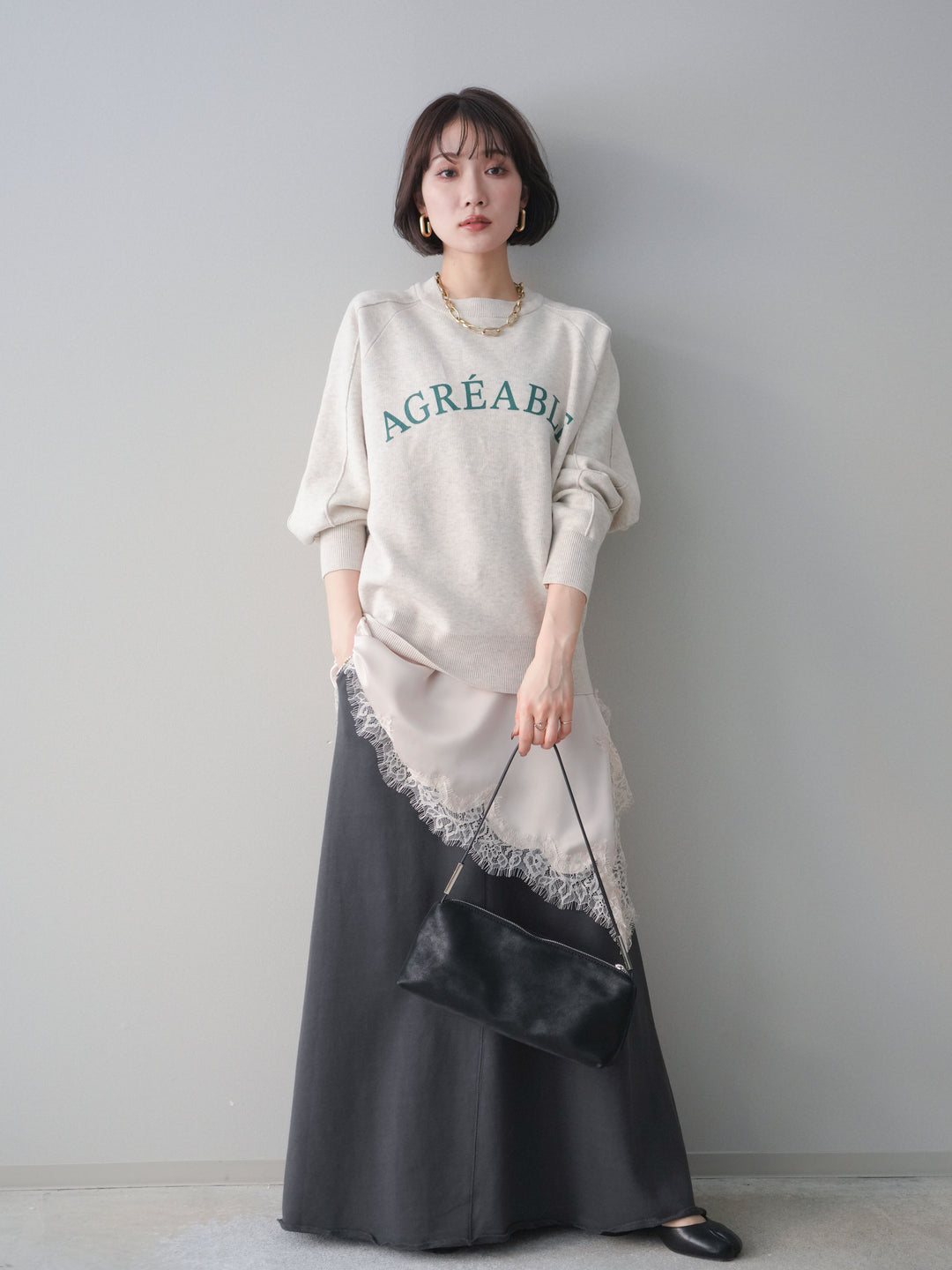 [予約]半ラバープリントロゴスウェットライクニットプルオーバー/oatmeal