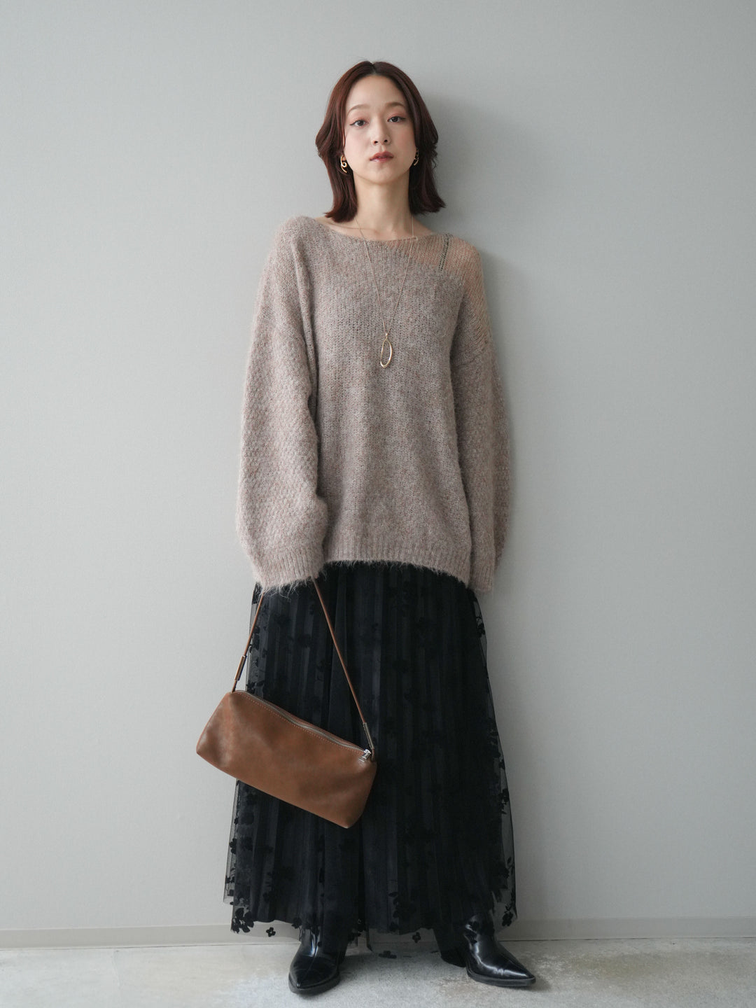 [SET]透かしデザインニットプルオーバー+フラワーフロッキーチュールプリーツスカート(2set)