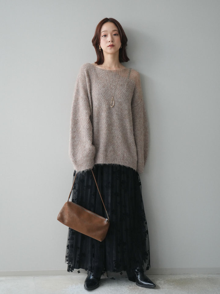 [SET]透かしデザインニットプルオーバー+フラワーフロッキーチュールプリーツスカート(2set)