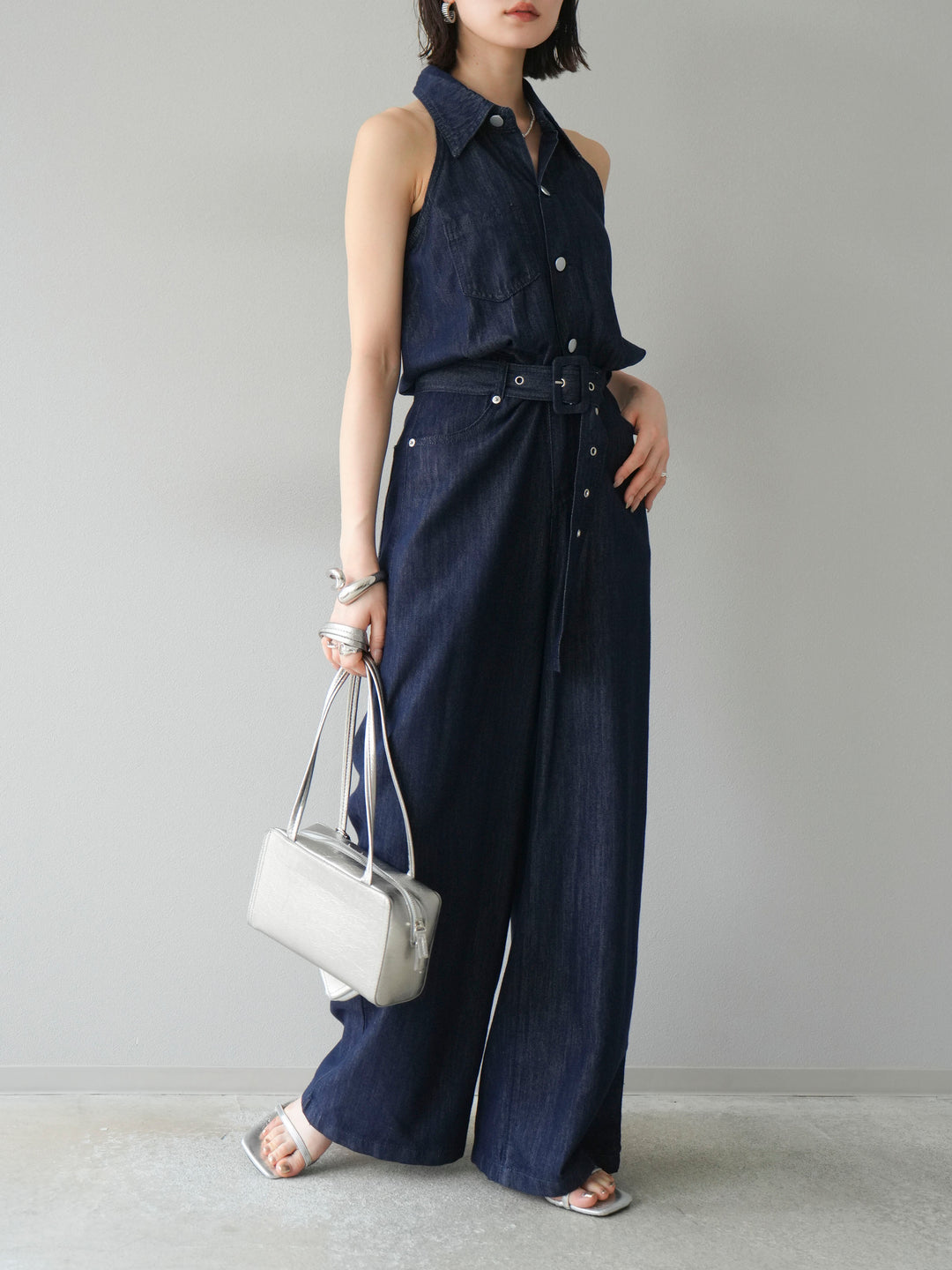 【預購】翻領牛仔連身衣/深藍色