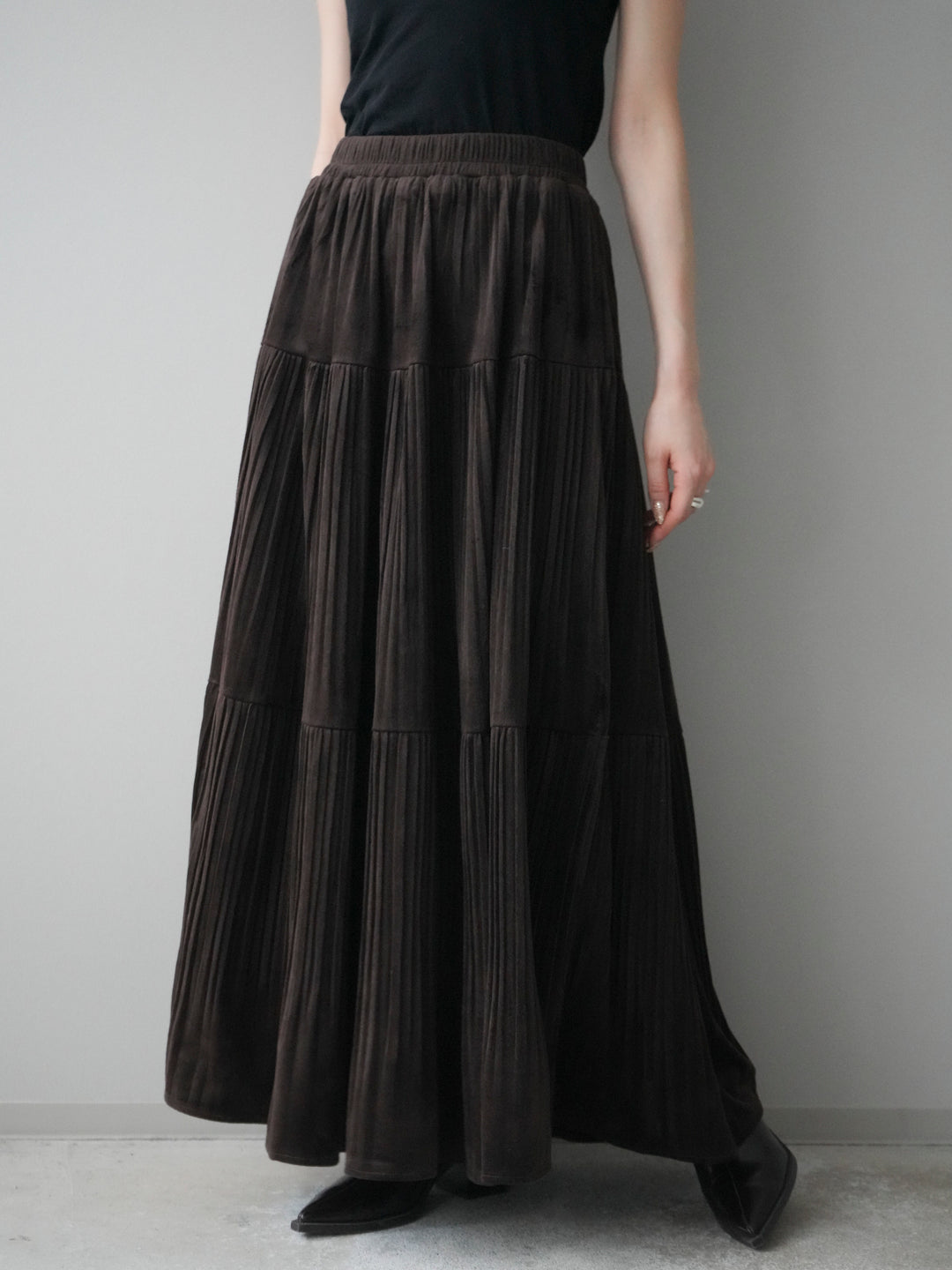 [予約]ベロアティアードワッシャースカート/brown