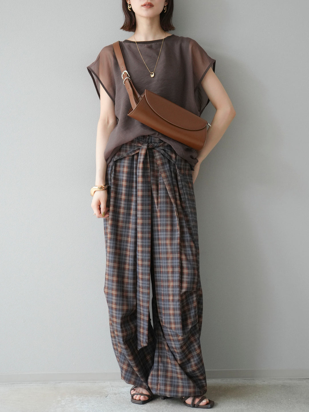 [予約]チェック柄ウエスト巻きドロストパンツ/ブラウン