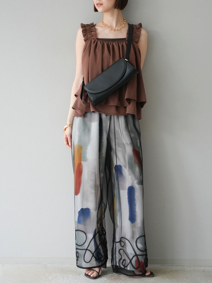 [SET] 縮肩喇叭背心 + 水彩藝術休閒褲 + 繩繡薄紗疊穿褲 (3 件套)