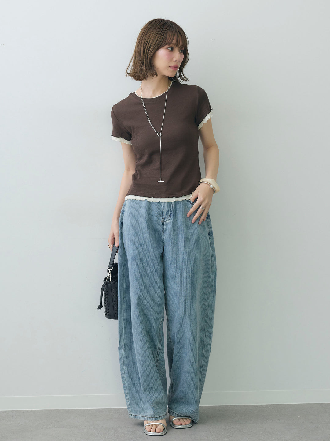 [SET]メロートリムレイヤードTEE+ニュアンスウォッシュカーブデニム(2set)