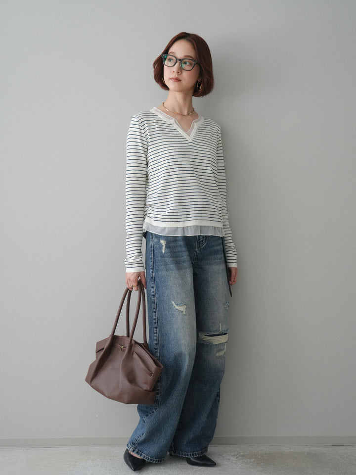 [SET]チュールレイヤードデザインボーダーニットトップス+ダメージデニムセミワイドパンツ(2set)