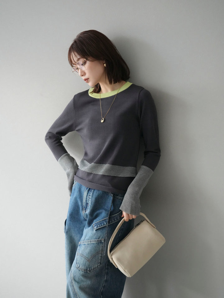 [予約]異素材配色デザインニットトップス/チャコール