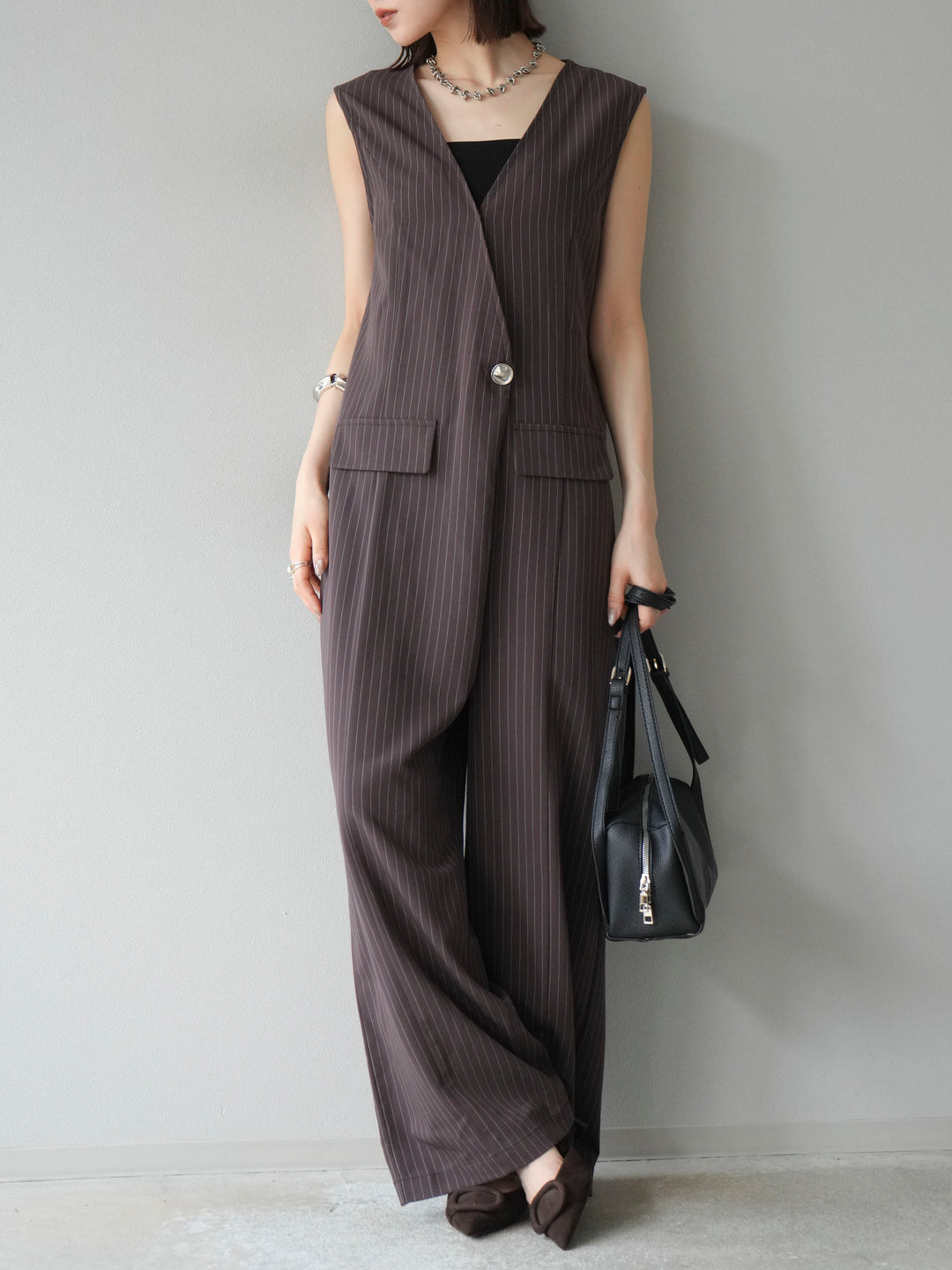 [予約]ストライプラップデザインオールインワン/ブラウン