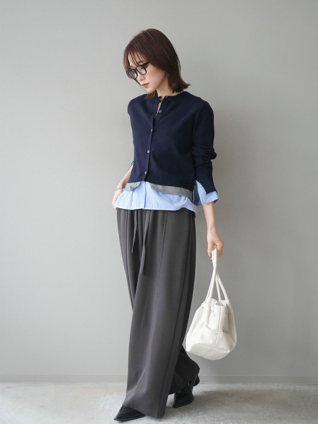 [SET]シャツ襟レイヤードニットカーディガン+ベルト付スウェットワイドパンツ(2set)