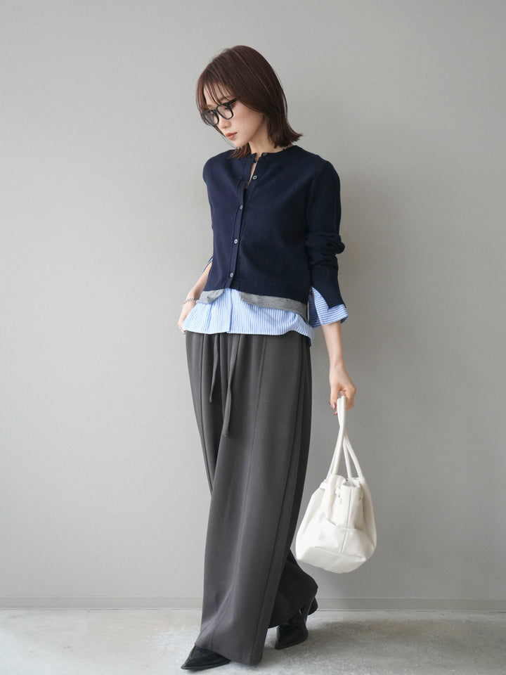 [SET]シャツ襟レイヤードニットカーディガン+ベルト付スウェットワイドパンツ(2set)