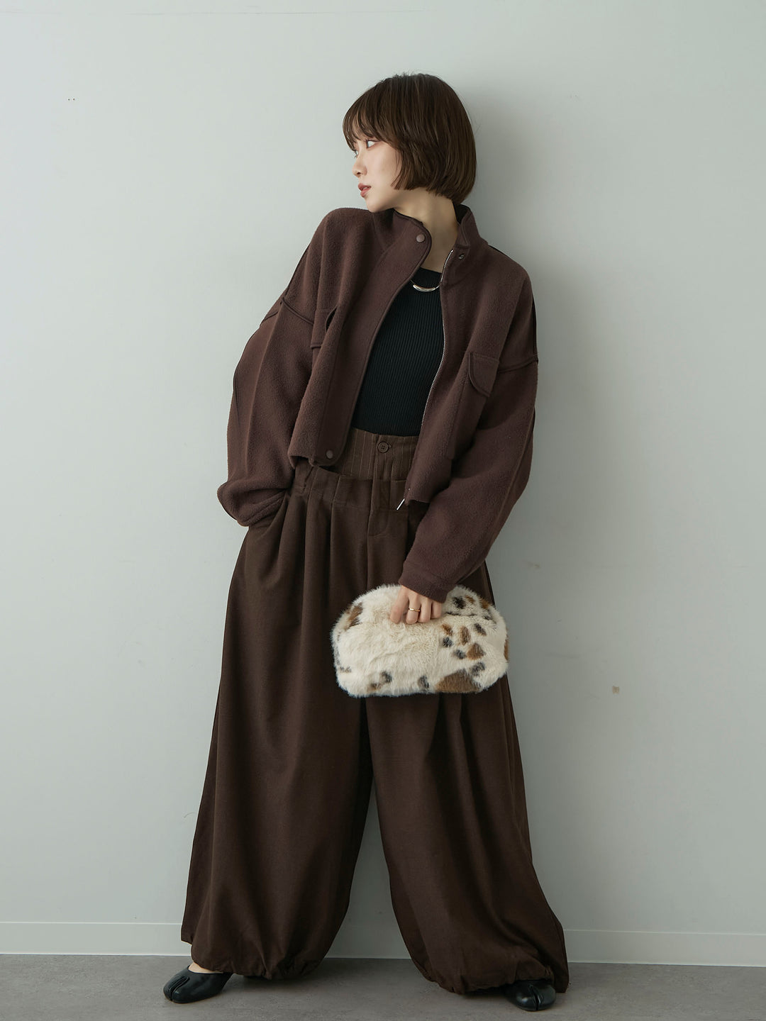 [SET]圧縮ニットショートブルゾン+ウエストデザインドロストワイドパンツ(2set)