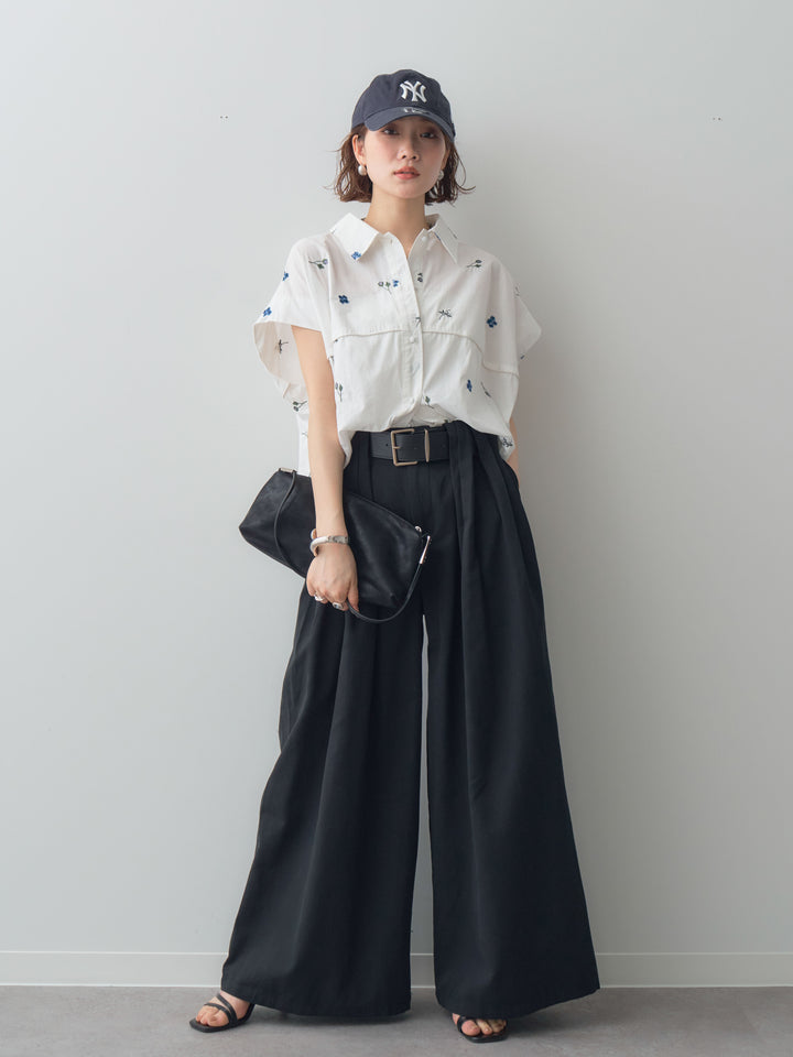 【套裝】花卉刺繡燈籠無袖襯衫+腰帶設計環扣闊腿褲（兩件套）