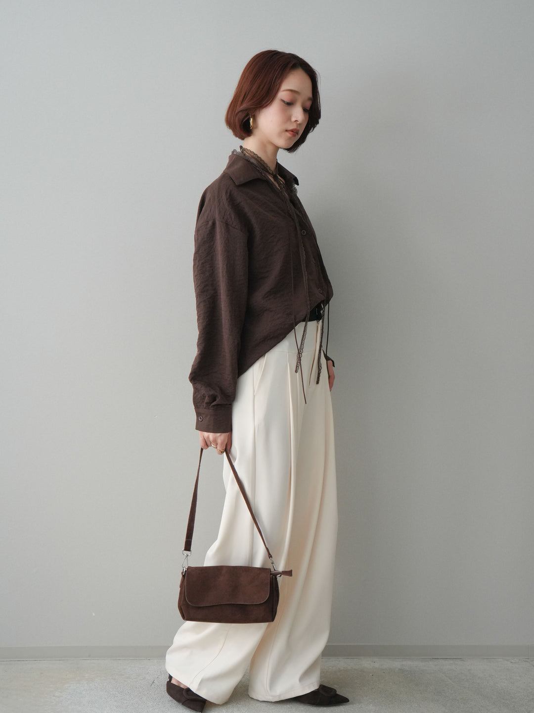 [予約]ウエストバイカラータックワイドパンツ/ivory