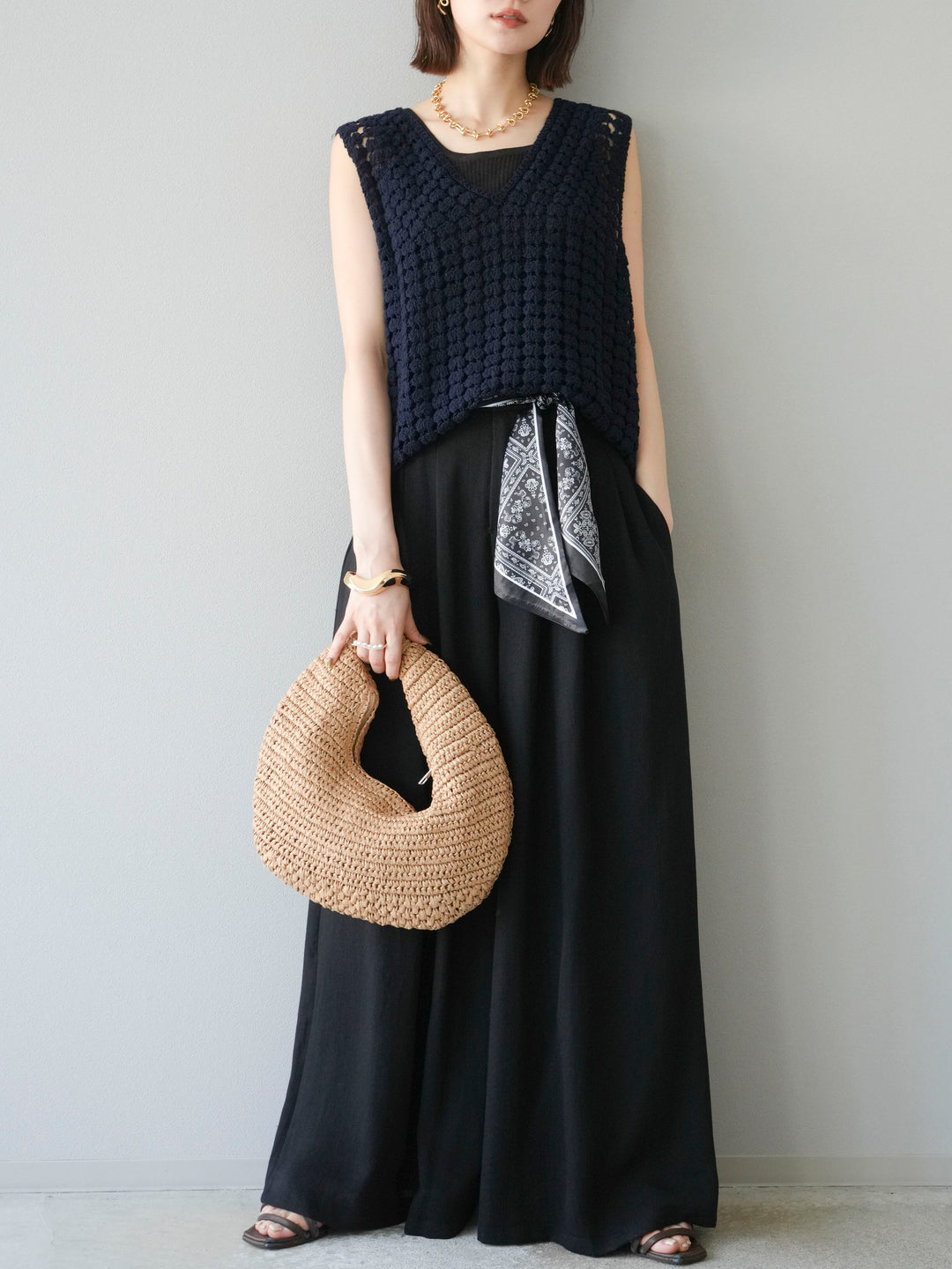 [予約]スカーフベルト付3タックワイドパンツ/ブラック