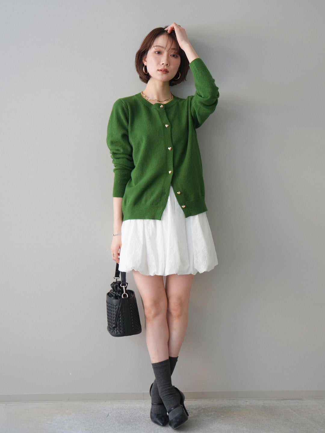 [SET]ハートボタンニットカーディガン+コットンライクレースバルーンミニスカート(2set)