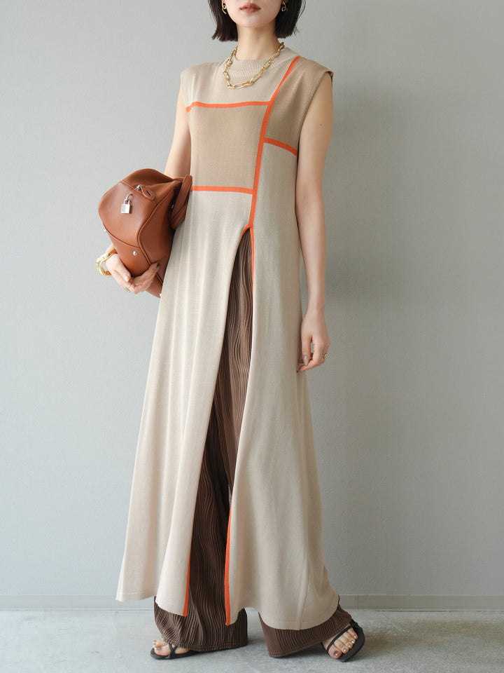 [SET] 配色開衩針織洋裝 + 波浪滾邊休閒褲 (2件套)