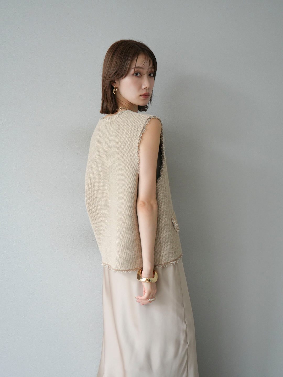 [予約]ツイードライクフリンジニットベスト/ベージュ