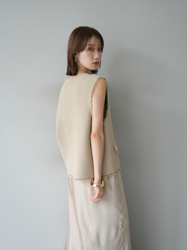 [予約]ツイードライクフリンジニットベスト/ベージュ