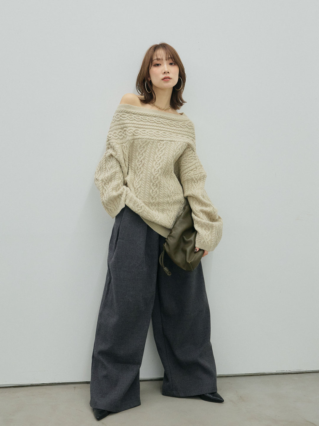 【Allure】[SET]ケーブルワンショルニットプルオーバー+ループデザインツイルワイドパンツ(2set)