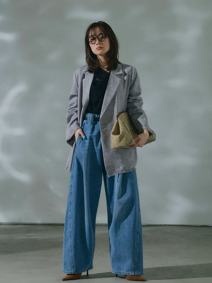 【Allure】[SET]スラブツイードフリンジテーラージャケット+ハイウエストベルトループデザインデニムパンツ(2set)
