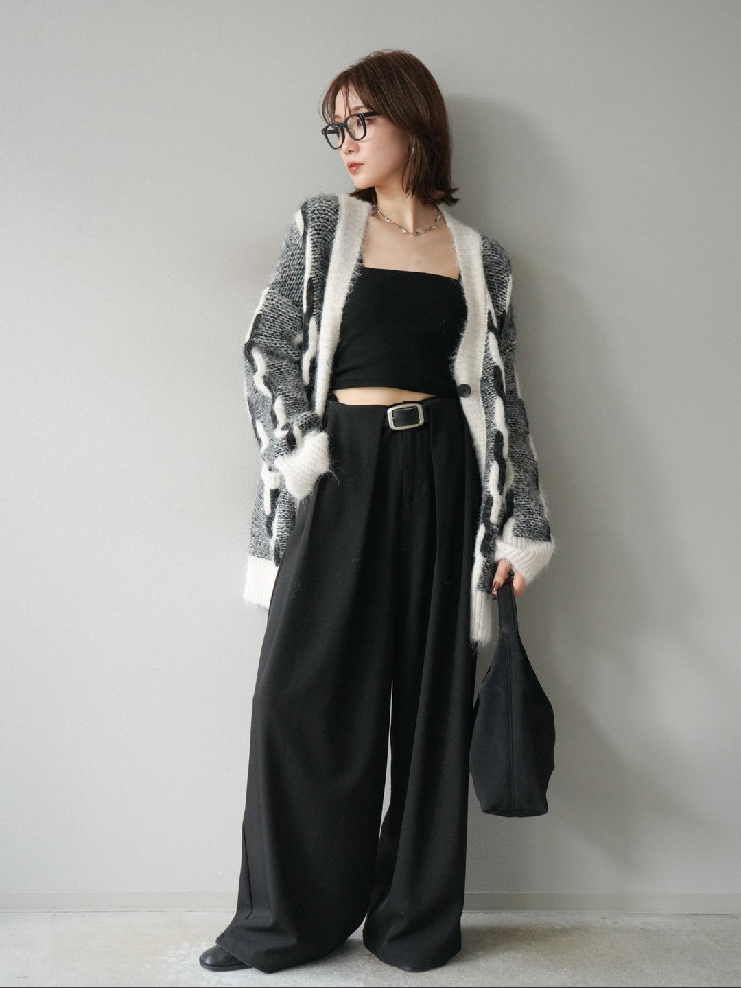 [SET]バイカラー編み込みデザインニットカーディガン+ベルトループデザインワイドパンツ(2set)