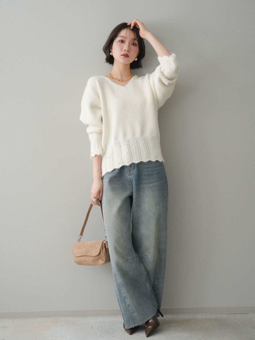 [予約]裏起毛カットオフカーブデニムパンツ/blue