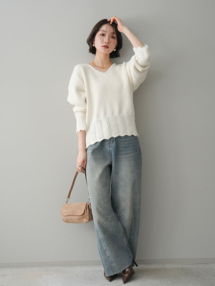 [予約]裏起毛カットオフカーブデニムパンツ/blue